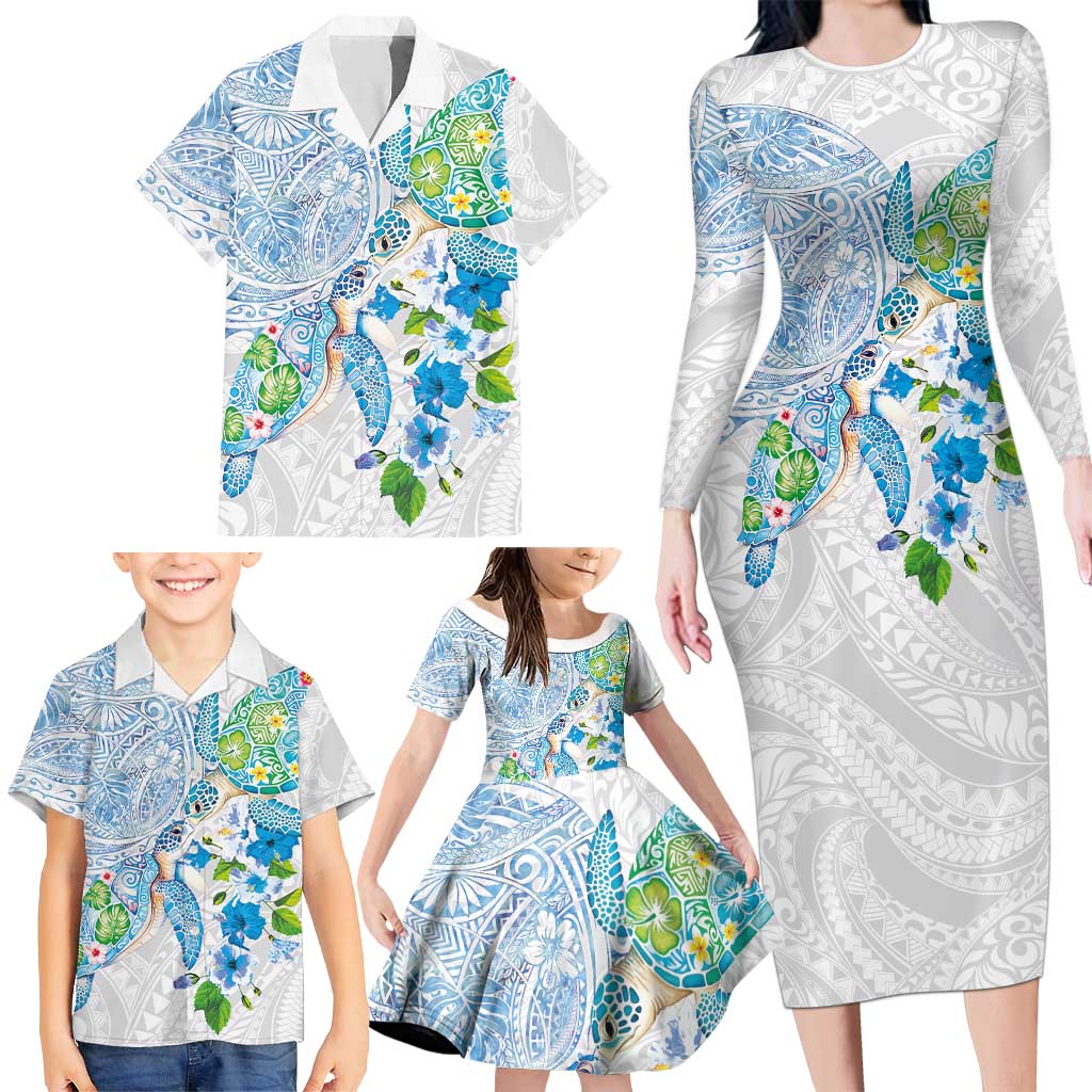 Hawaiian Couple Turtles Honi Family Matching Long Sleeve Bodycon Dress and Hawaiian Shirt Polynesian Art Motifs and Hibiscus White Blue Color LT03 - Polynesian Pride
