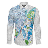 Hawaiian Couple Turtles Honi Family Matching Long Sleeve Bodycon Dress and Hawaiian Shirt Polynesian Art Motifs and Hibiscus White Blue Color LT03 Dad's Shirt - Long Sleeve White - Polynesian Pride