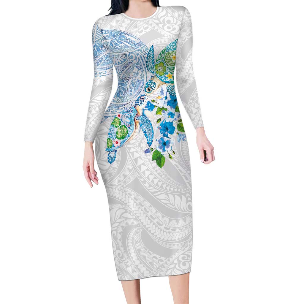 Hawaiian Couple Turtles Honi Family Matching Long Sleeve Bodycon Dress and Hawaiian Shirt Polynesian Art Motifs and Hibiscus White Blue Color LT03 Mom's Dress White - Polynesian Pride