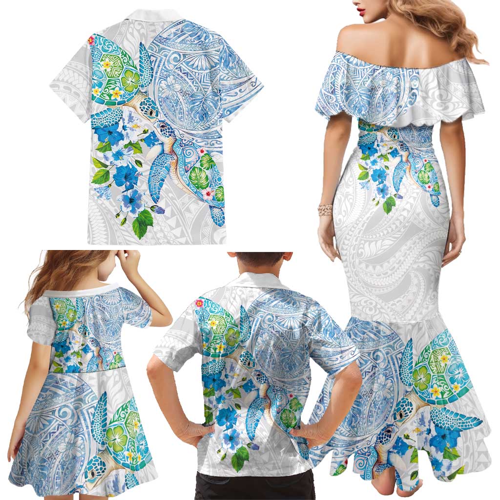 Hawaiian Couple Turtles Honi Family Matching Mermaid Dress and Hawaiian Shirt Polynesian Art Motifs and Hibiscus White Blue Color LT03 - Polynesian Pride