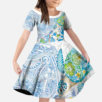 Hawaiian Couple Turtles Honi Family Matching Off Shoulder Maxi Dress and Hawaiian Shirt Polynesian Art Motifs and Hibiscus White Blue Color LT03 Daughter's Dress White - Polynesian Pride