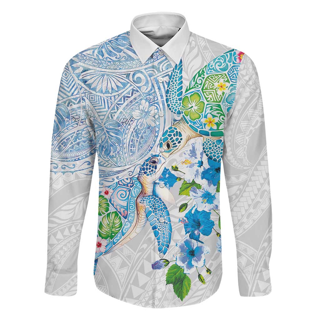 Hawaiian Couple Turtles Honi Family Matching Off Shoulder Maxi Dress and Hawaiian Shirt Polynesian Art Motifs and Hibiscus White Blue Color LT03 Dad's Shirt - Long Sleeve White - Polynesian Pride