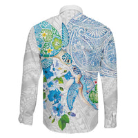 Hawaiian Couple Turtles Honi Family Matching Off Shoulder Maxi Dress and Hawaiian Shirt Polynesian Art Motifs and Hibiscus White Blue Color LT03 - Polynesian Pride
