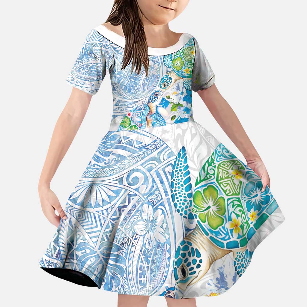 Hawaiian Couple Turtles Honi Family Matching Off Shoulder Short Dress and Hawaiian Shirt Polynesian Art Motifs and Hibiscus White Blue Color LT03 Daughter's Dress White - Polynesian Pride