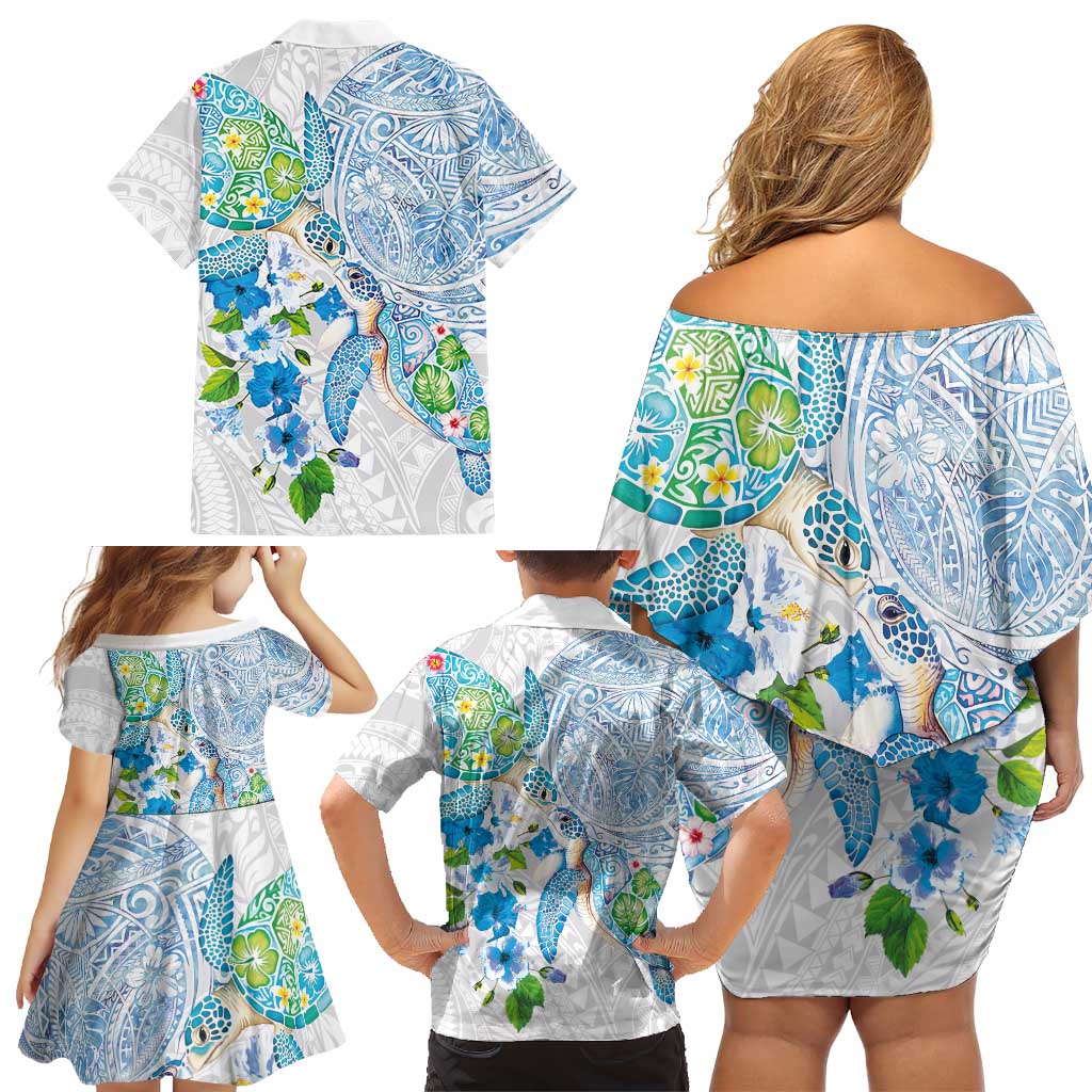 Hawaiian Couple Turtles Honi Family Matching Off Shoulder Short Dress and Hawaiian Shirt Polynesian Art Motifs and Hibiscus White Blue Color LT03 - Polynesian Pride