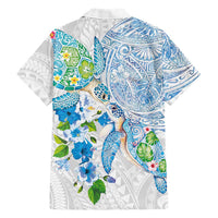 Hawaiian Couple Turtles Honi Family Matching Off Shoulder Short Dress and Hawaiian Shirt Polynesian Art Motifs and Hibiscus White Blue Color LT03 - Polynesian Pride