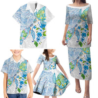 Hawaiian Couple Turtles Honi Family Matching Puletasi and Hawaiian Shirt Polynesian Art Motifs and Hibiscus White Blue Color LT03 - Polynesian Pride