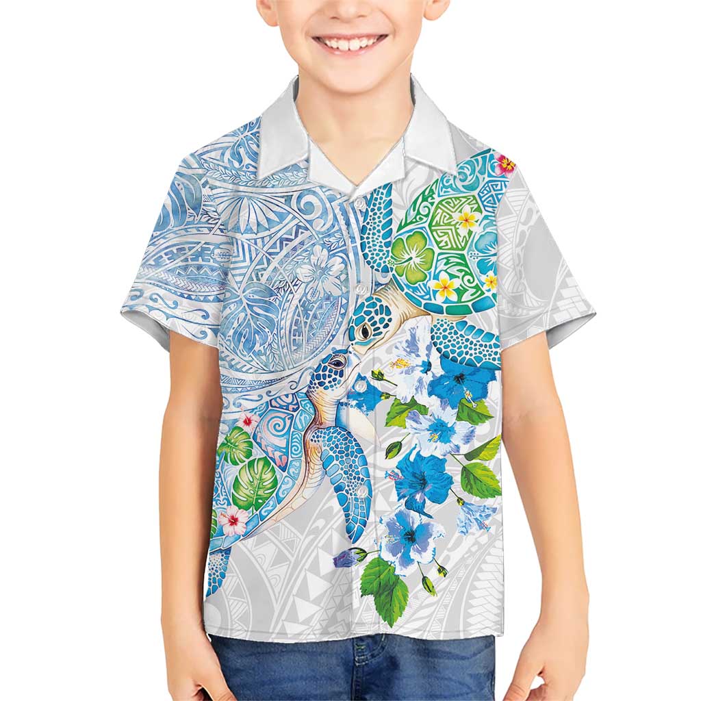 Hawaiian Couple Turtles Honi Family Matching Puletasi and Hawaiian Shirt Polynesian Art Motifs and Hibiscus White Blue Color LT03 Son's Shirt White - Polynesian Pride