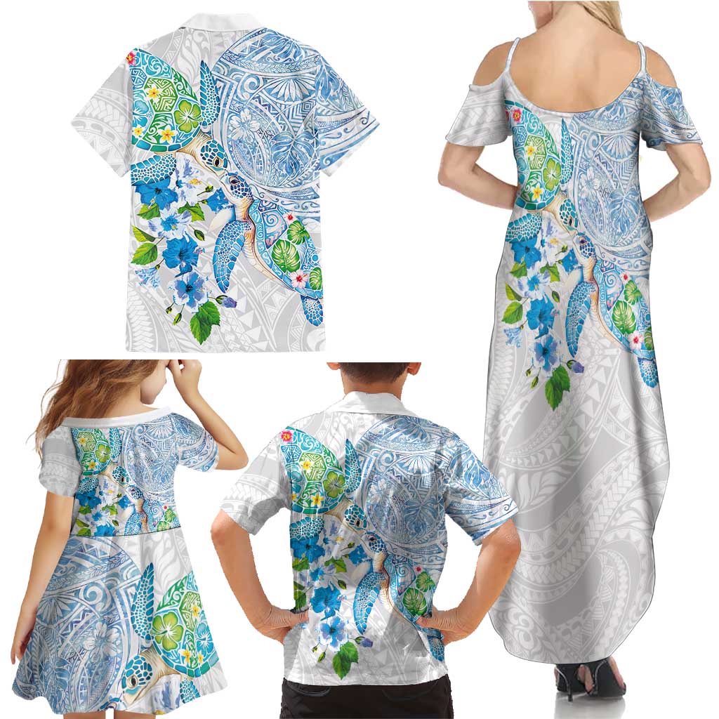 Hawaiian Couple Turtles Honi Family Matching Summer Maxi Dress and Hawaiian Shirt Polynesian Art Motifs and Hibiscus White Blue Color LT03 - Polynesian Pride