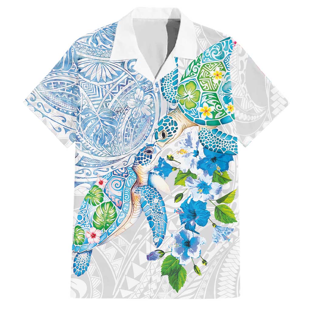 Hawaiian Couple Turtles Honi Family Matching Summer Maxi Dress and Hawaiian Shirt Polynesian Art Motifs and Hibiscus White Blue Color LT03 Dad's Shirt - Short Sleeve White - Polynesian Pride