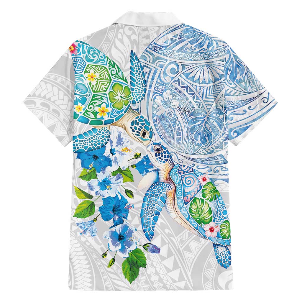 Hawaiian Couple Turtles Honi Family Matching Summer Maxi Dress and Hawaiian Shirt Polynesian Art Motifs and Hibiscus White Blue Color LT03 - Polynesian Pride