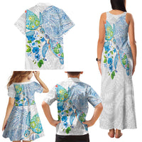 Hawaiian Couple Turtles Honi Family Matching Tank Maxi Dress and Hawaiian Shirt Polynesian Art Motifs and Hibiscus White Blue Color LT03 - Polynesian Pride