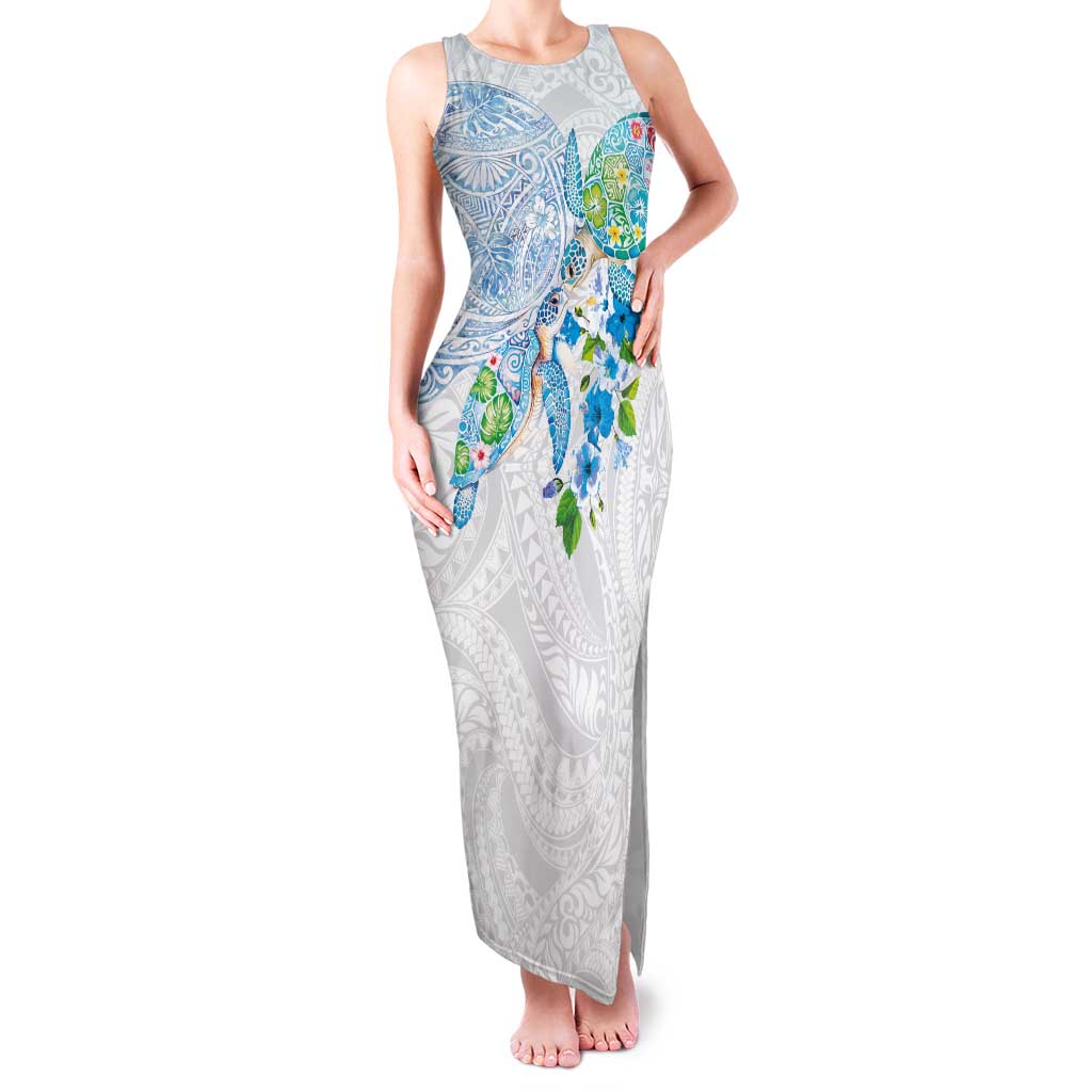 Hawaiian Couple Turtles Honi Family Matching Tank Maxi Dress and Hawaiian Shirt Polynesian Art Motifs and Hibiscus White Blue Color LT03 Mom's Dress White - Polynesian Pride