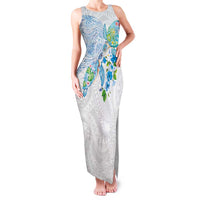 Hawaiian Couple Turtles Honi Family Matching Tank Maxi Dress and Hawaiian Shirt Polynesian Art Motifs and Hibiscus White Blue Color LT03 Mom's Dress White - Polynesian Pride