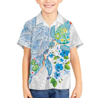 Hawaiian Couple Turtles Honi Family Matching Tank Maxi Dress and Hawaiian Shirt Polynesian Art Motifs and Hibiscus White Blue Color LT03 Son's Shirt White - Polynesian Pride