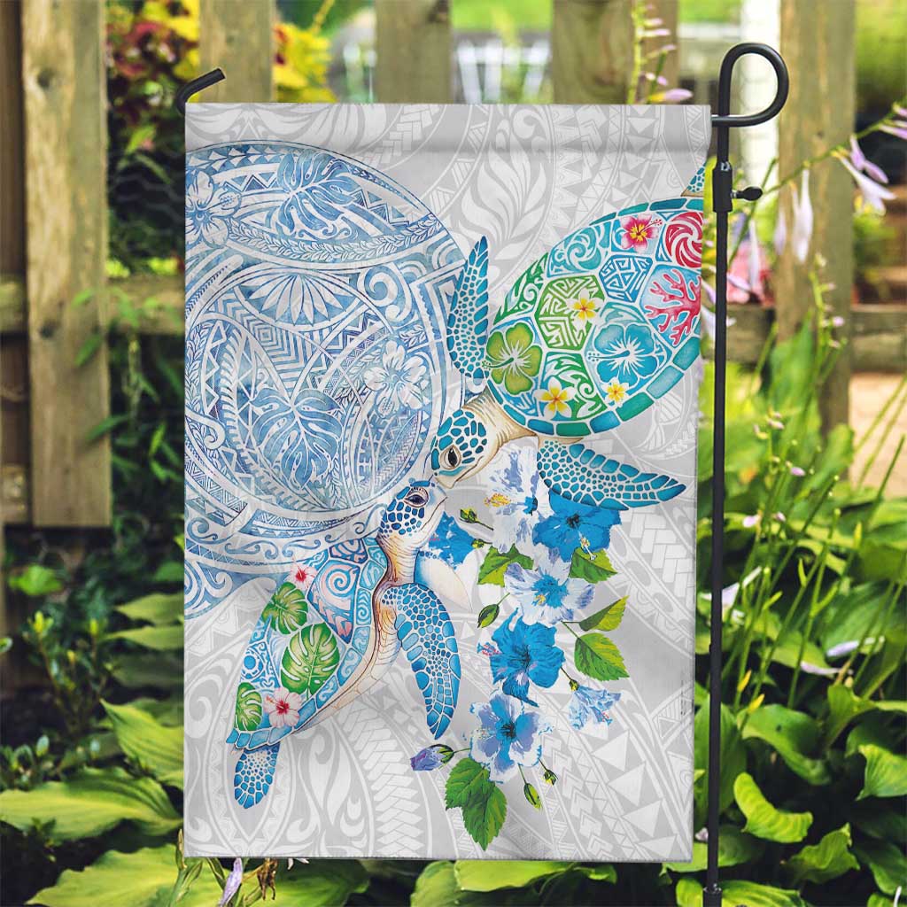 Hawaiian Couple Turtles Honi Garden Flag Polynesian Art Motifs and Hibiscus White Blue Color LT03 Garden Flag White - Polynesian Pride