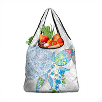 Hawaiian Couple Turtles Honi Grocery Bag Polynesian Art Motifs and Hibiscus White Blue Color LT03 1-pack One Size White - Polynesian Pride