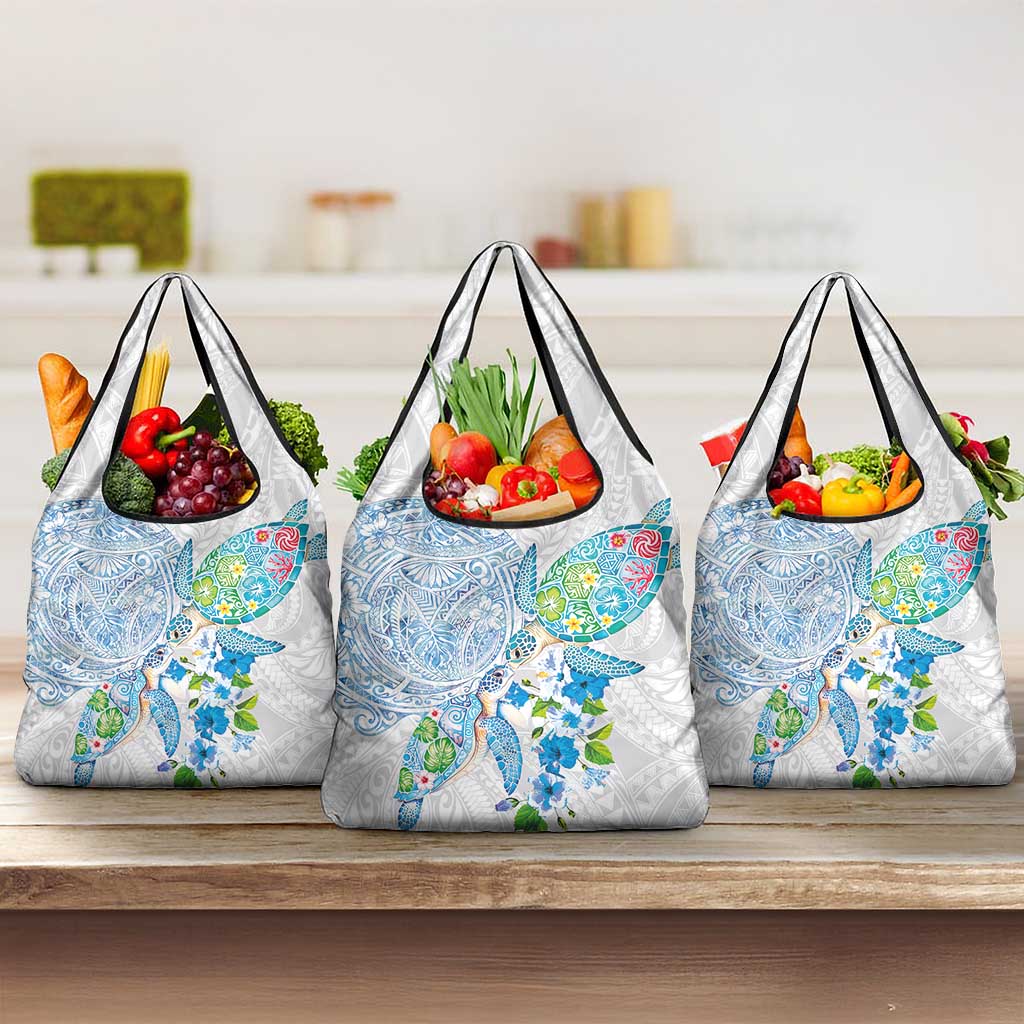 Hawaiian Couple Turtles Honi Grocery Bag Polynesian Art Motifs and Hibiscus White Blue Color LT03 3-pack One Size White - Polynesian Pride