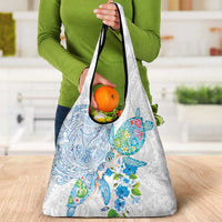 Hawaiian Couple Turtles Honi Grocery Bag Polynesian Art Motifs and Hibiscus White Blue Color LT03 - Polynesian Pride