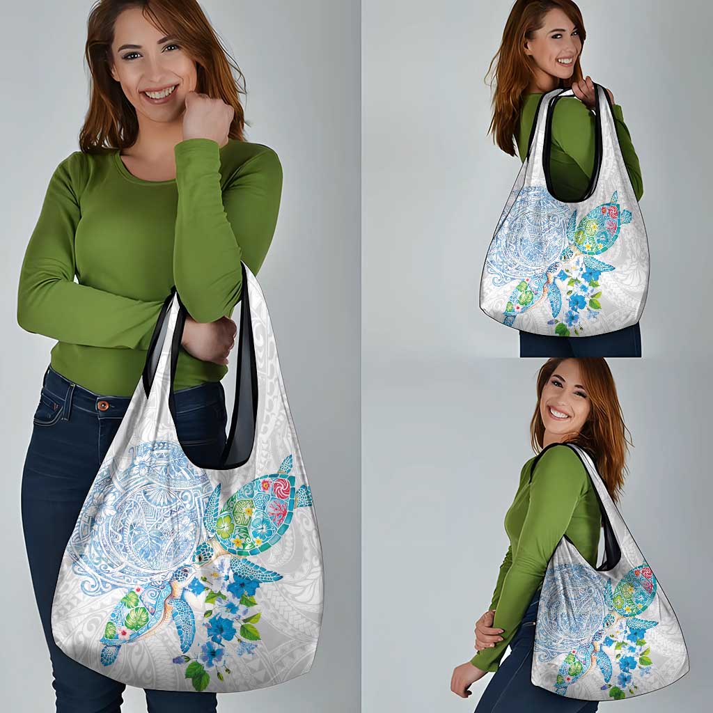 Hawaiian Couple Turtles Honi Grocery Bag Polynesian Art Motifs and Hibiscus White Blue Color LT03 - Polynesian Pride