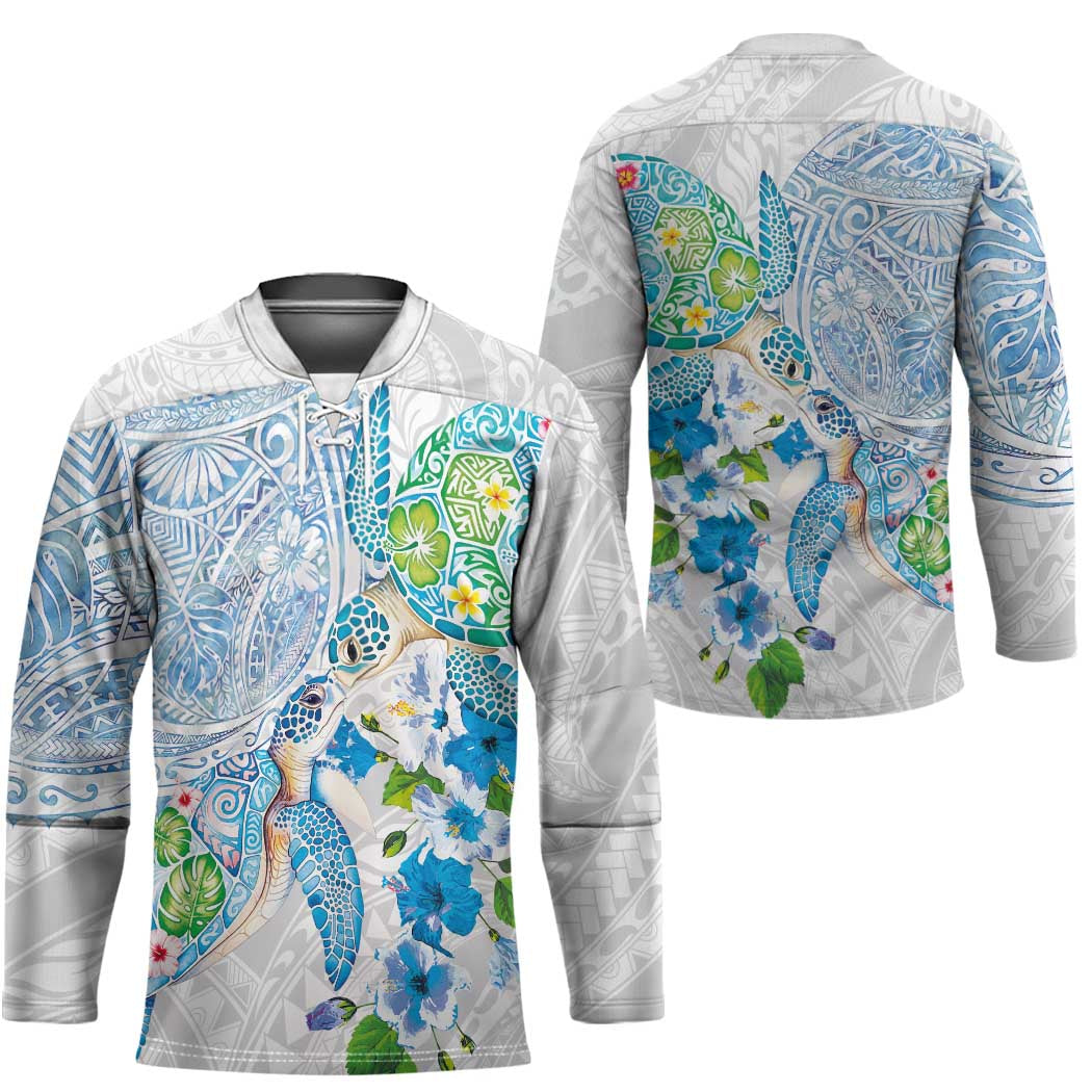 Hawaiian Couple Turtles Honi Hockey Jersey Polynesian Art Motifs and Hibiscus White Blue Color LT03 - Polynesian Pride
