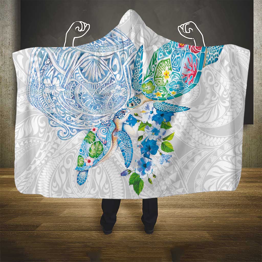 Hawaiian Couple Turtles Honi Hooded Blanket Polynesian Art Motifs and Hibiscus White Blue Color LT03 - Polynesian Pride