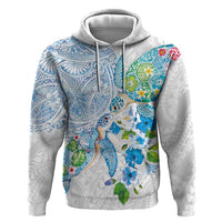Hawaiian Couple Turtles Honi Hoodie Polynesian Art Motifs and Hibiscus White Blue Color LT03 Pullover Hoodie White - Polynesian Pride
