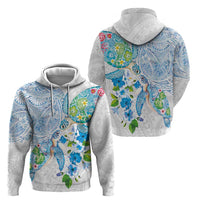 Hawaiian Couple Turtles Honi Hoodie Polynesian Art Motifs and Hibiscus White Blue Color LT03 - Polynesian Pride