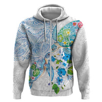 Hawaiian Couple Turtles Honi Hoodie Polynesian Art Motifs and Hibiscus White Blue Color LT03 Zip Hoodie White - Polynesian Pride