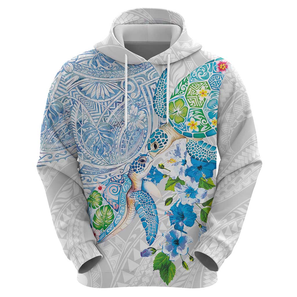 Hawaiian Couple Turtles Honi Hoodie Polynesian Art Motifs and Hibiscus White Blue Color LT03 - Polynesian Pride