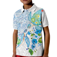 Hawaiian Couple Turtles Honi Kid Polo Shirt Polynesian Art Motifs and Hibiscus White Blue Color LT03 Kid White - Polynesian Pride
