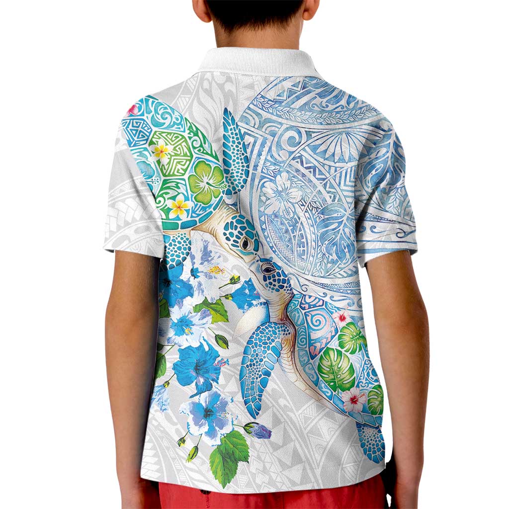 Hawaiian Couple Turtles Honi Kid Polo Shirt Polynesian Art Motifs and Hibiscus White Blue Color LT03 - Polynesian Pride