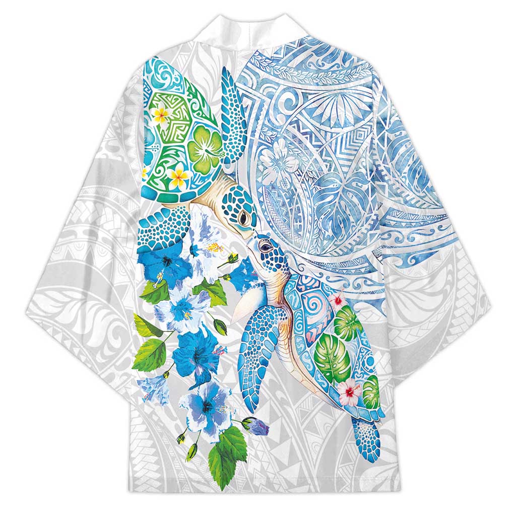 Hawaiian Couple Turtles Honi Kimono Polynesian Art Motifs and Hibiscus White Blue Color LT03 - Polynesian Pride