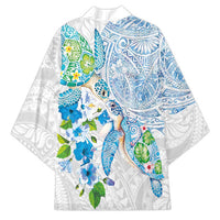 Hawaiian Couple Turtles Honi Kimono Polynesian Art Motifs and Hibiscus White Blue Color LT03 - Polynesian Pride