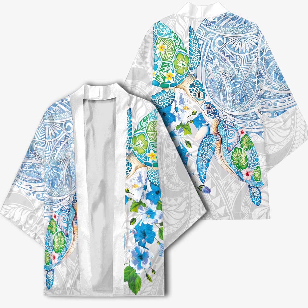 Hawaiian Couple Turtles Honi Kimono Polynesian Art Motifs and Hibiscus White Blue Color LT03 - Polynesian Pride