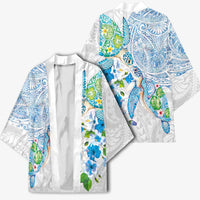 Hawaiian Couple Turtles Honi Kimono Polynesian Art Motifs and Hibiscus White Blue Color LT03 - Polynesian Pride