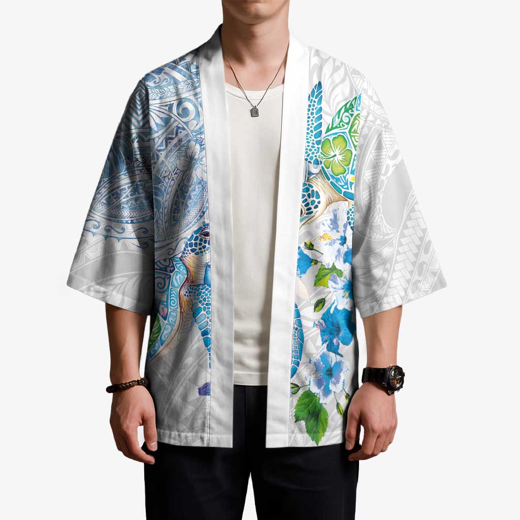 Hawaiian Couple Turtles Honi Kimono Polynesian Art Motifs and Hibiscus White Blue Color LT03 - Polynesian Pride