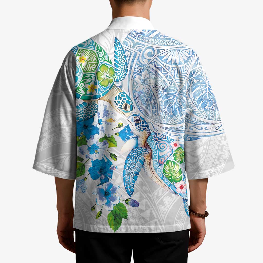 Hawaiian Couple Turtles Honi Kimono Polynesian Art Motifs and Hibiscus White Blue Color LT03 - Polynesian Pride