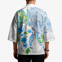 Hawaiian Couple Turtles Honi Kimono Polynesian Art Motifs and Hibiscus White Blue Color LT03 - Polynesian Pride
