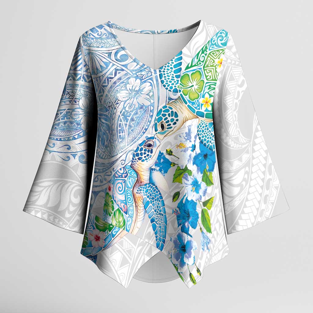 Hawaiian Couple Turtles Honi Kimono Sleeve Blouse Polynesian Art Motifs and Hibiscus White Blue Color LT03 Female White - Polynesian Pride