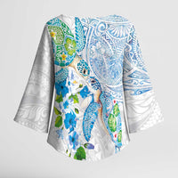 Hawaiian Couple Turtles Honi Kimono Sleeve Blouse Polynesian Art Motifs and Hibiscus White Blue Color LT03 - Polynesian Pride