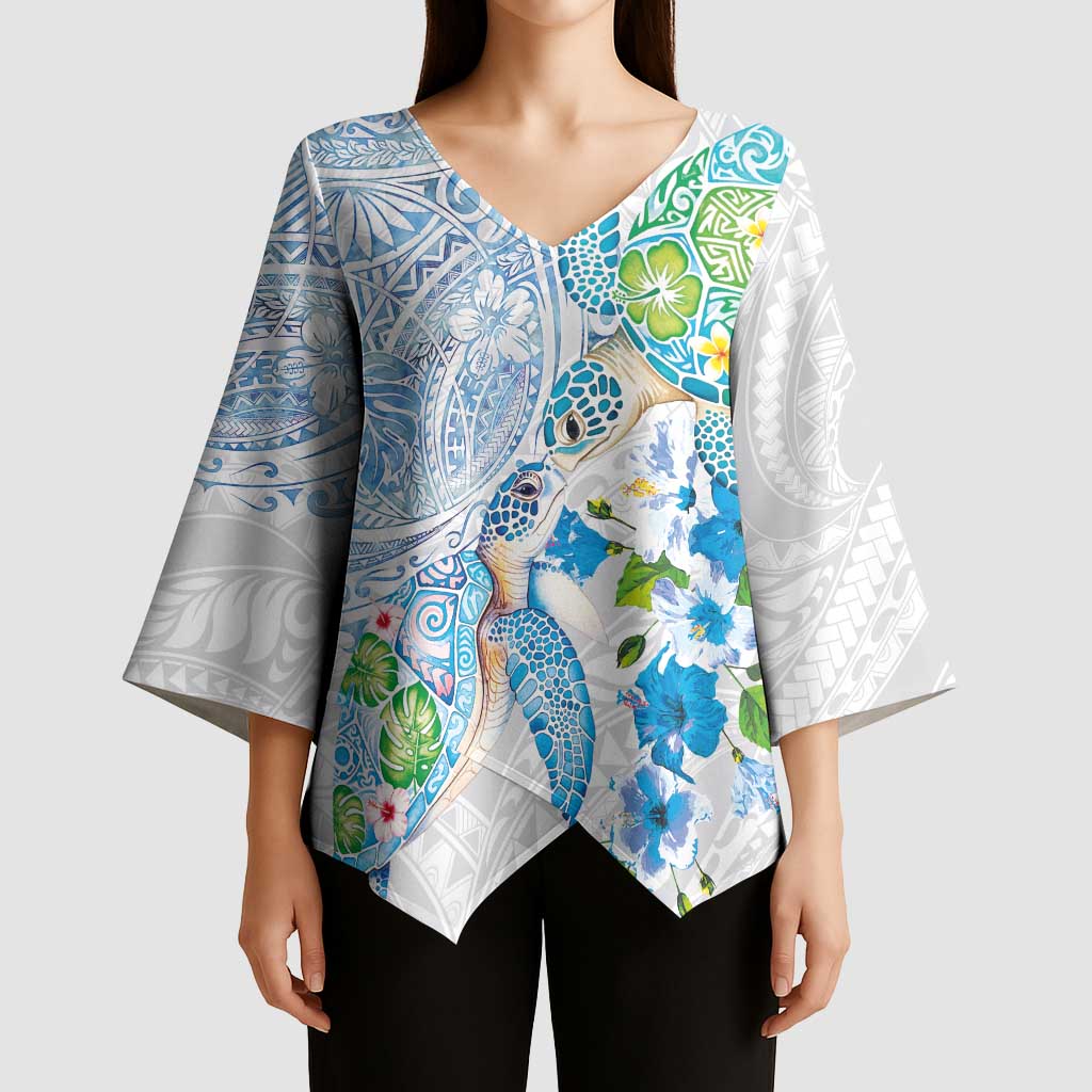 Hawaiian Couple Turtles Honi Kimono Sleeve Blouse Polynesian Art Motifs and Hibiscus White Blue Color LT03 - Polynesian Pride