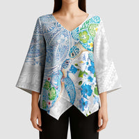 Hawaiian Couple Turtles Honi Kimono Sleeve Blouse Polynesian Art Motifs and Hibiscus White Blue Color LT03 - Polynesian Pride