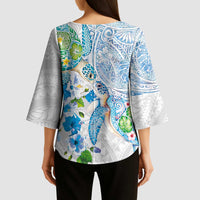 Hawaiian Couple Turtles Honi Kimono Sleeve Blouse Polynesian Art Motifs and Hibiscus White Blue Color LT03 - Polynesian Pride