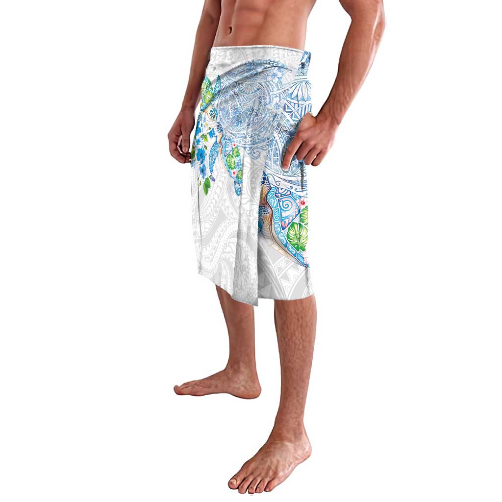 Hawaiian Couple Turtles Honi Lavalava Polynesian Art Motifs and Hibiscus White Blue Color LT03 - Polynesian Pride