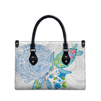 Hawaiian Couple Turtles Honi Leather Bag Polynesian Art Motifs and Hibiscus White Blue Color LT03 - Polynesian Pride