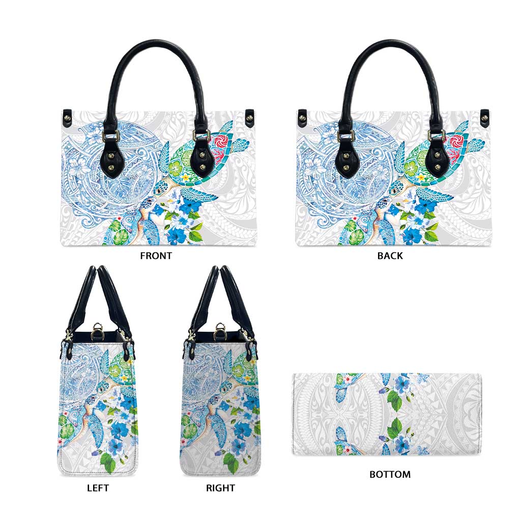 Hawaiian Couple Turtles Honi Leather Bag Polynesian Art Motifs and Hibiscus White Blue Color LT03 - Polynesian Pride