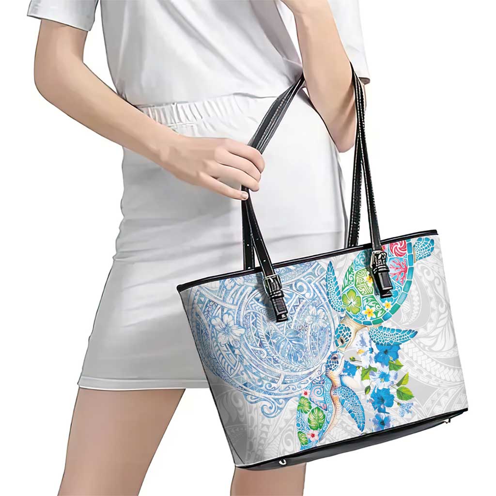 Hawaiian Couple Turtles Honi Leather Tote Bag Polynesian Art Motifs and Hibiscus White Blue Color LT03 - Polynesian Pride