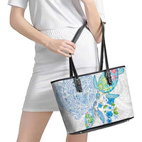 Hawaiian Couple Turtles Honi Leather Tote Bag Polynesian Art Motifs and Hibiscus White Blue Color LT03 - Polynesian Pride