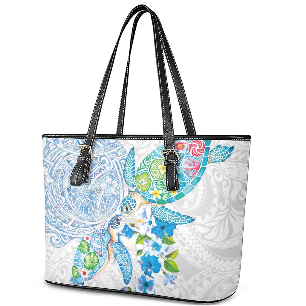 Hawaiian Couple Turtles Honi Leather Tote Bag Polynesian Art Motifs and Hibiscus White Blue Color LT03 - Polynesian Pride